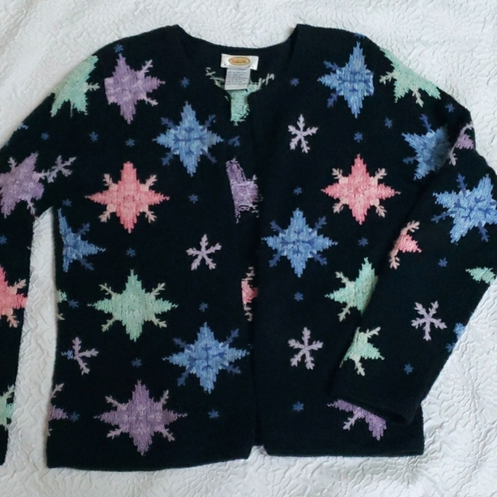 Talbots Petite Cardigan Vintage 1990’s Black/Multi Snowflakes Button Knit Sz M